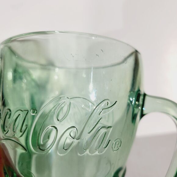 Libbey Coca Cola Mug Drinking Glass Handle Green Glass Vtg Embossed Design Retro - Picture 5 of 12
